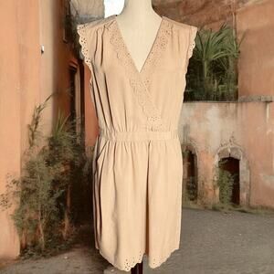 Rebecca Taylor Womens Beige Mini Dress Surplice Pleated Laser Cut Raw Edge SZ 10